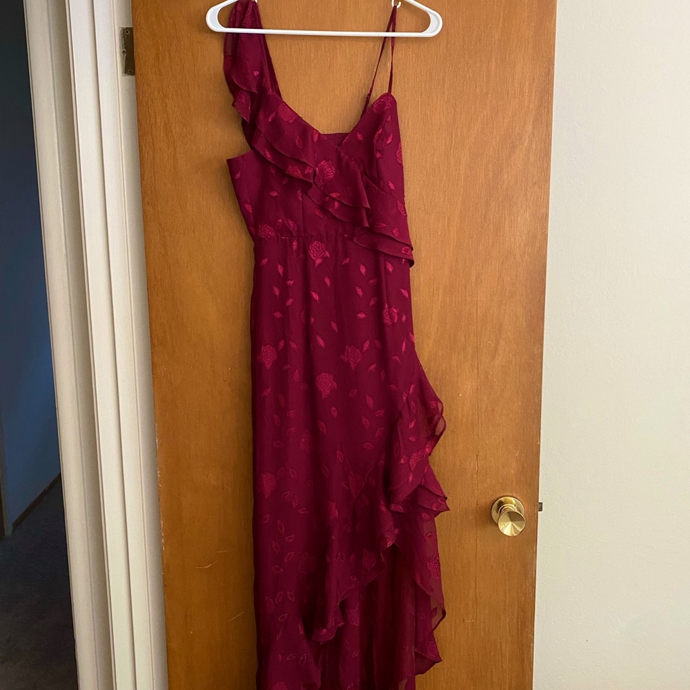 Lulus Forever Be Burgundy Floral Jacquard Ruffled Maxi Dress (Size XS)